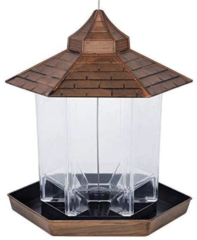 Main image of Panorama Bird Feeder Hexagon Shaped with Roof Hanging Feeder Yard Decoration, Bronze