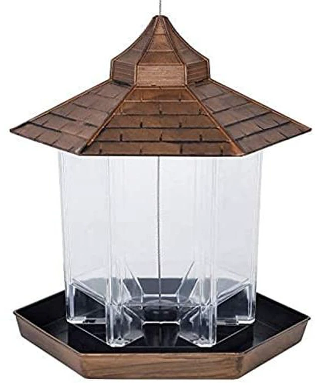 Alt view image 2 of 4 - Panorama Bird Feeder Hexagon Shaped with Roof Hanging Feeder Yard Decoration, Bronze