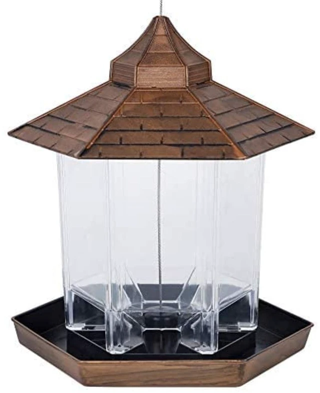 Alt view image 4 of 4 - Panorama Bird Feeder Hexagon Shaped with Roof Hanging Feeder Yard Decoration, Bronze