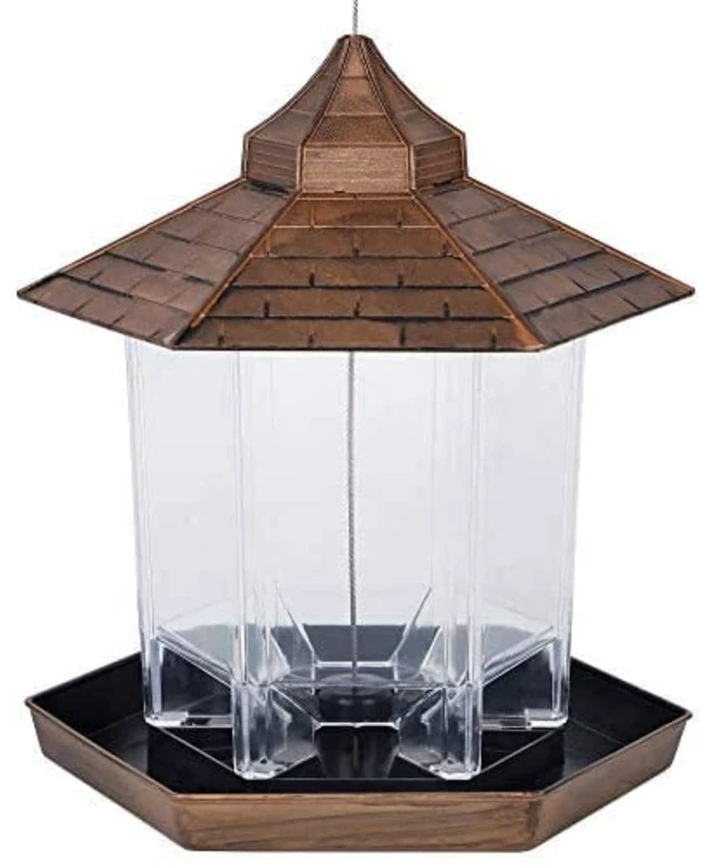 Alt view image 3 of 4 - Panorama Bird Feeder Hexagon Shaped with Roof Hanging Feeder Yard Decoration, Bronze