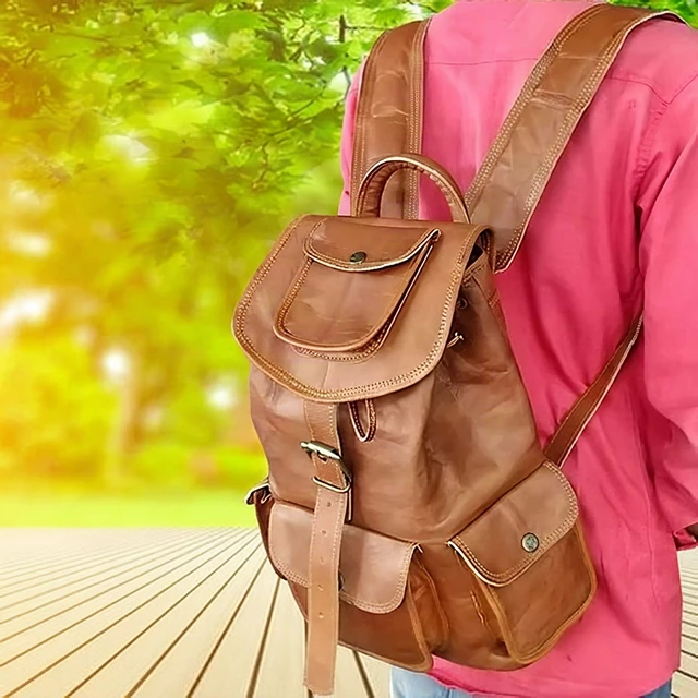 Alt view image 3 of 3 - Women's 14" Brown Leather Backpack Handmade Large Travel Casual Shoulder Bag New