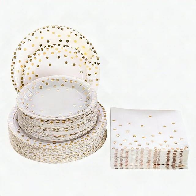 Main image of Gold Dot Disposable Paper Plates Napkins Party Supplies Set 7 & 9 Inch 50 Pack