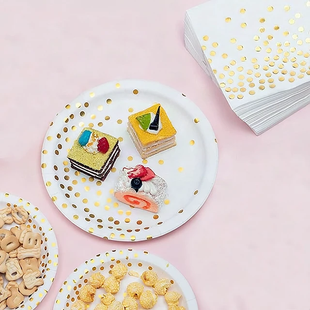 Alt view image 6 of 7 - Gold Dot Disposable Paper Plates Napkins Party Supplies Set 7 & 9 Inch 50 Pack