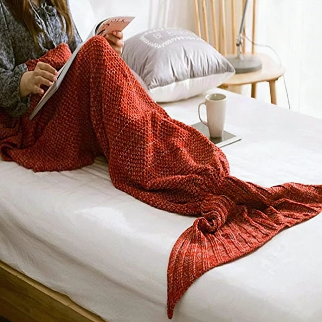 Alt view image 2 of 3 - Mermaid Tail Blanket Knit Crochet Soft Throw Kids Acrylic Fleece Red White Gray