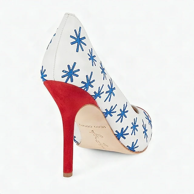 Alt view image 2 of 7 - Isa Tapia Estrella Asterisk Embroidered Suede White Trim Leather Pumps - 38.5