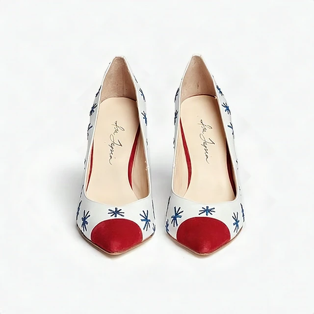 Alt view image 3 of 7 - Isa Tapia Estrella Asterisk Embroidered Suede White Trim Leather Pumps - 38.5