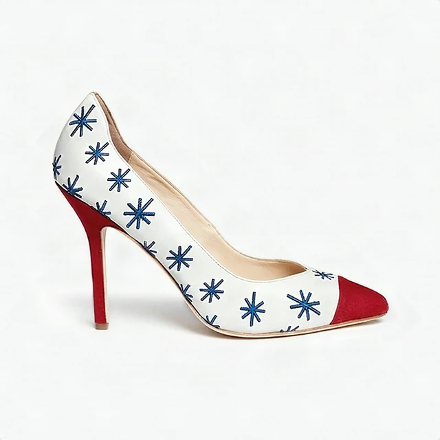 Alt view image 4 of 7 - Isa Tapia Estrella Asterisk Embroidered Suede White Trim Leather Pumps - 38.5