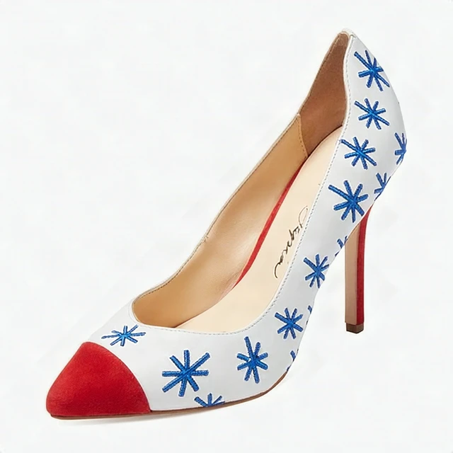 Alt view image 5 of 7 - Isa Tapia Estrella Asterisk Embroidered Suede White Trim Leather Pumps - 38.5