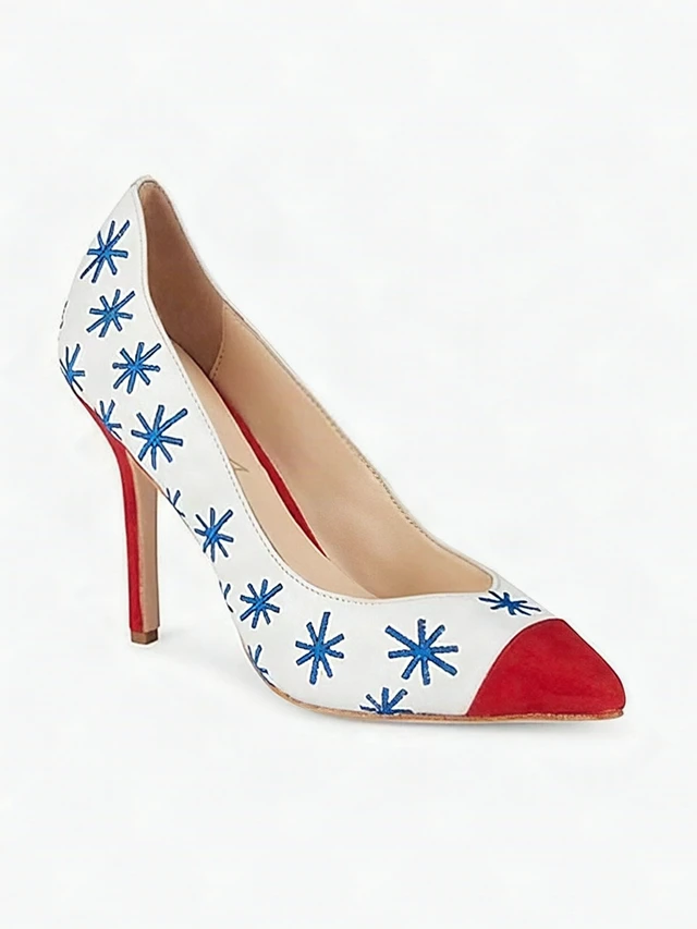 Alt view image 6 of 7 - Isa Tapia Estrella Asterisk Embroidered Suede White Trim Leather Pumps - 38.5