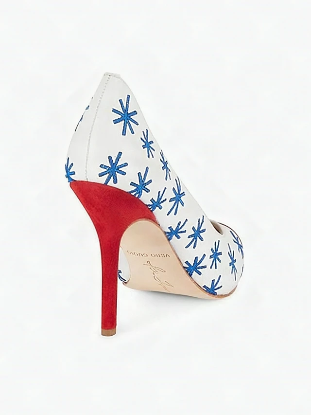 Alt view image 7 of 7 - Isa Tapia Estrella Asterisk Embroidered Suede White Trim Leather Pumps - 38.5