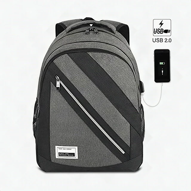 Alt view image 5 of 5 - Men's Laptop Backpack 15.6" Black Large Travel School Bag USB Charging Port New