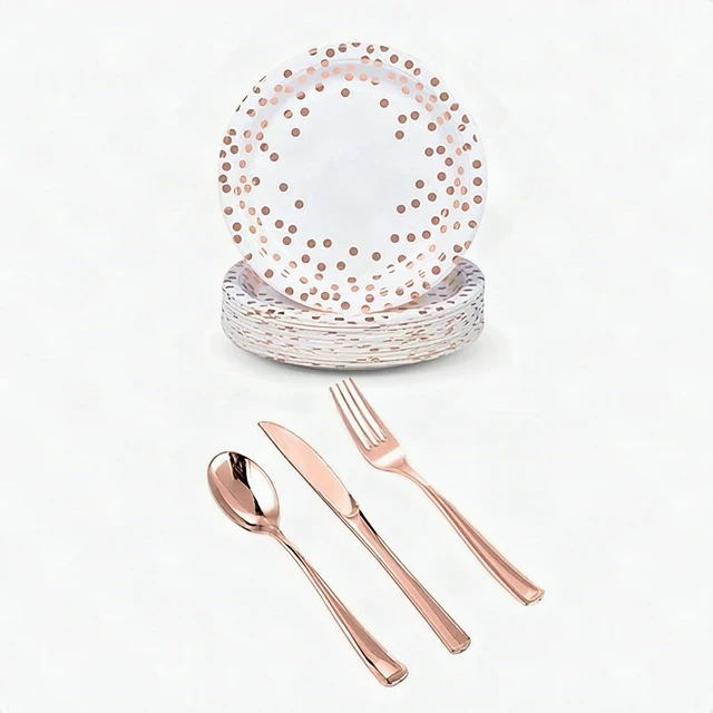Main image of 125 Pcs Rose Gold Disposable Plastic Dinnerware Set Plates Silverware 25 Guests