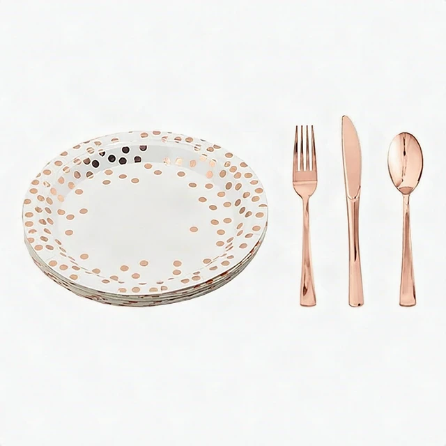 Alt view image 2 of 7 - 125 Pcs Rose Gold Disposable Plastic Dinnerware Set Plates Silverware 25 Guests