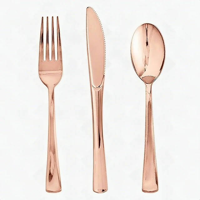 Alt view image 3 of 7 - 125 Pcs Rose Gold Disposable Plastic Dinnerware Set Plates Silverware 25 Guests