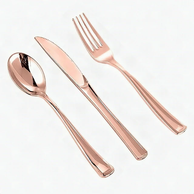 Alt view image 4 of 7 - 125 Pcs Rose Gold Disposable Plastic Dinnerware Set Plates Silverware 25 Guests