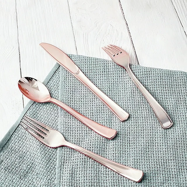 Alt view image 6 of 7 - 125 Pcs Rose Gold Disposable Plastic Dinnerware Set Plates Silverware 25 Guests