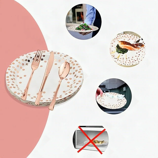 Alt view image 7 of 7 - 125 Pcs Rose Gold Disposable Plastic Dinnerware Set Plates Silverware 25 Guests