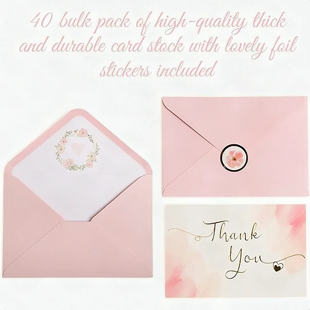 Alt view image 7 of 7 - 40 Gold Pink All Occasions Thank You Cards Notes Envelopes Stickers Set 4x6 New