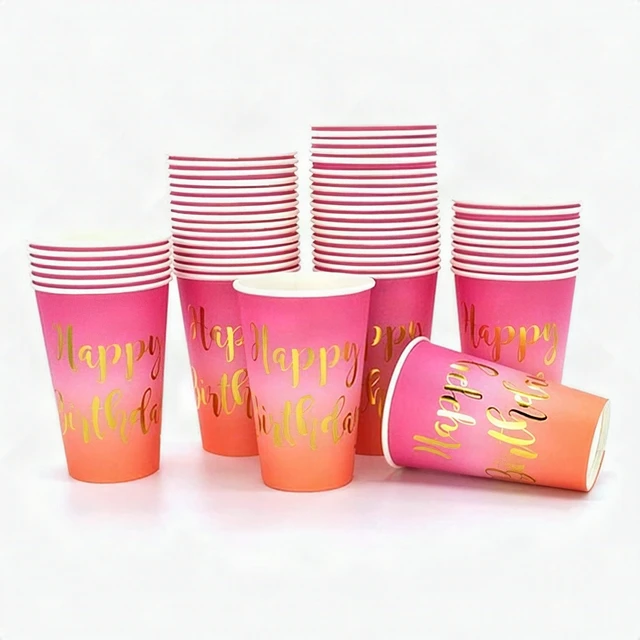 Alt view image 2 of 7 - 50Pcs Happy Birthday Disposable Paper Cups 12oz Purple Pink Coral Gold Party New