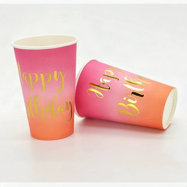 Alt view image 3 of 7 - 50Pcs Happy Birthday Disposable Paper Cups 12oz Purple Pink Coral Gold Party New