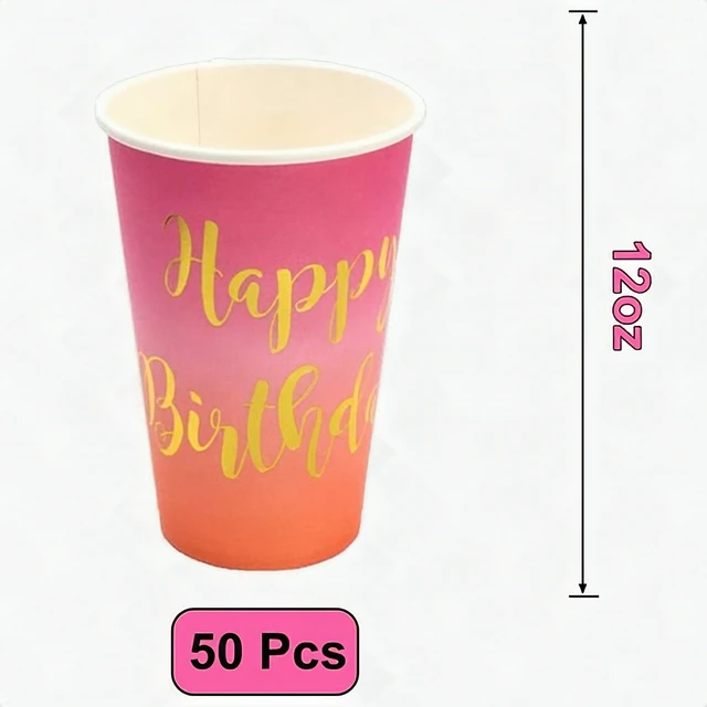 Alt view image 4 of 7 - 50Pcs Happy Birthday Disposable Paper Cups 12oz Purple Pink Coral Gold Party New