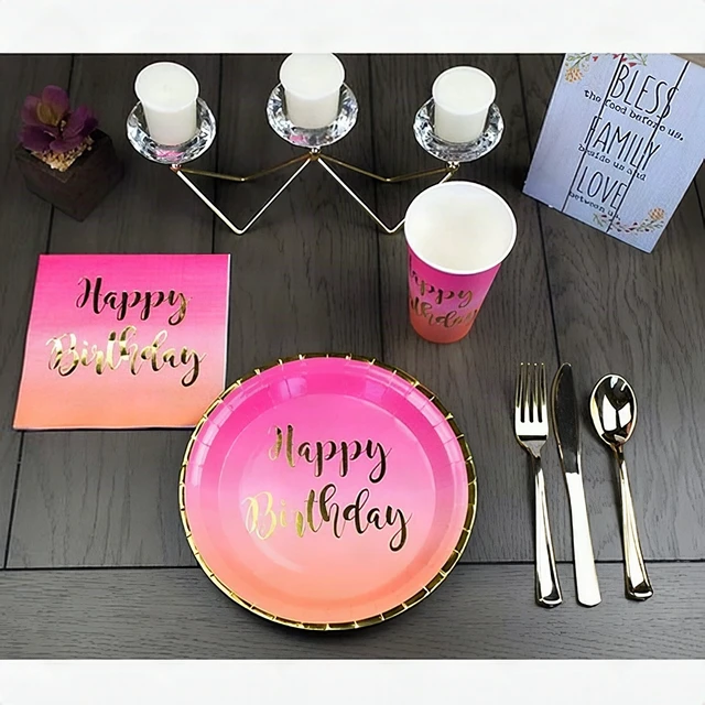 Alt view image 5 of 7 - 50Pcs Happy Birthday Disposable Paper Cups 12oz Purple Pink Coral Gold Party New