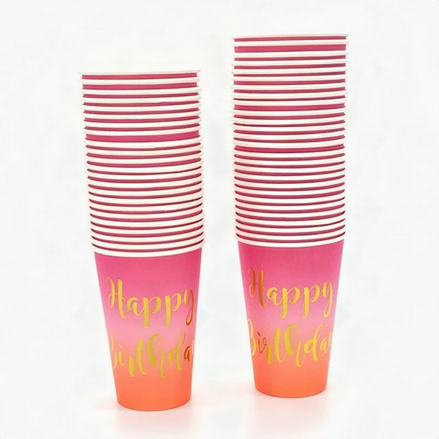 Alt view image 7 of 7 - 50Pcs Happy Birthday Disposable Paper Cups 12oz Purple Pink Coral Gold Party New