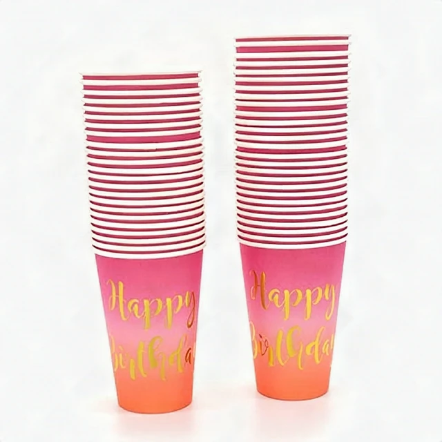 Alt view image 6 of 7 - 50Pcs Happy Birthday Disposable Paper Cups 12oz Purple Pink Coral Gold Party New