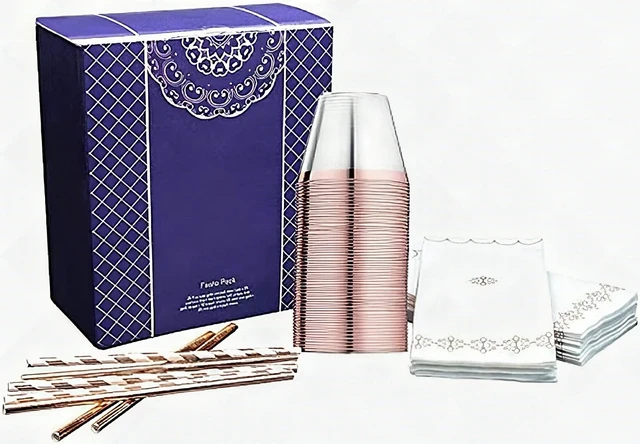 Alt view image 6 of 7 - 100 Pcs Rose Gold Disposable Plastic Cups Napkins Straws Party Dinnerware Set