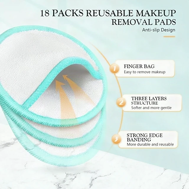 Alt view image 3 of 7 - 18pcs Reusable Makeup Remover Pads Facial Cleansing Brush Storage Pouch Set New