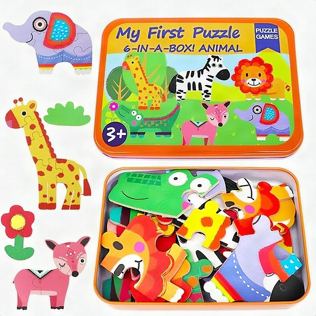 Main image of 6-in-1 Wooden Animal Puzzles Toddlers Ages 2-6 Montessori Educational Learning