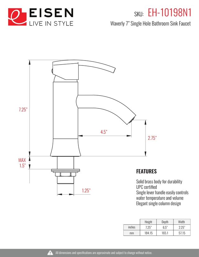 Alt view image 4 of 4 - Eisen Home Waverly Matte Black Bathroom Sink Faucet Single Hole Single Handle