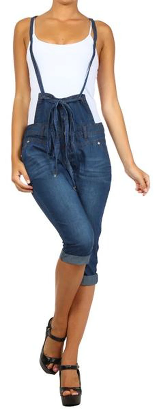 Main image of Bonage Fashion Designer Women's Denim Blue Jean Capri Overall Jumpers - Size L