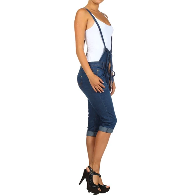 Alt view image 4 of 6 - Bonage Fashion Designer Women's Denim Blue Jean Capri Overall Jumpers - Size L