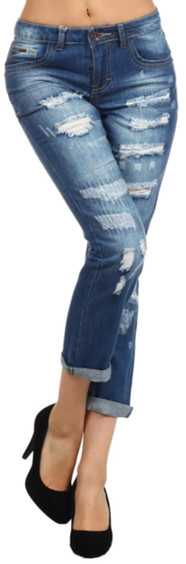 Main image of Bonage Women's Distressed Denim Blue Jeans High Rise Stretch Skinny - New
