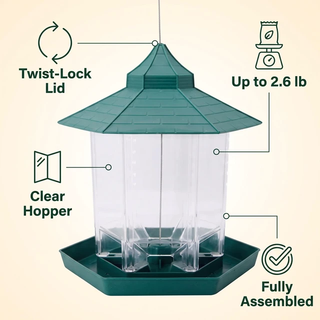 Alt view image 6 of 7 - Hanging Wild Bird Seed Feeder 2.6 lb Hexagon Gazebo Roof Garden Hopper