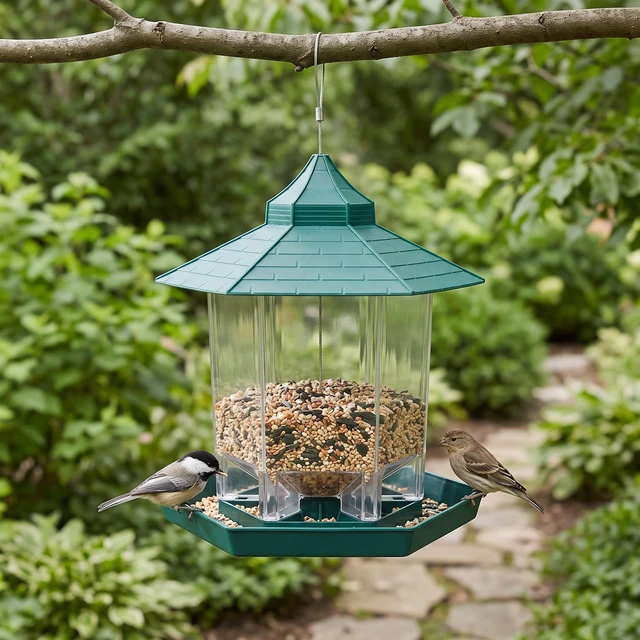 Alt view image 5 of 7 - Hanging Wild Bird Seed Feeder 2.6 lb Hexagon Gazebo Roof Garden Hopper