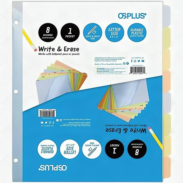 Main image of OS Plus 8-Tab 3 Ring Binder Dividers Durable Colored Plastic Write & Erase Tabs