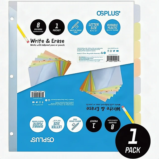 Alt view image 2 of 7 - OS Plus 8-Tab 3 Ring Binder Dividers Durable Colored Plastic Write & Erase Tabs