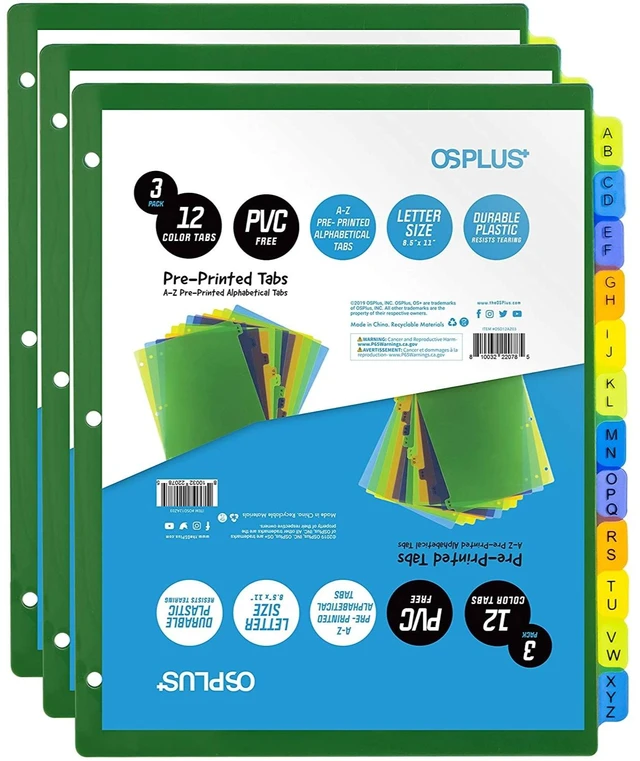 Main image of OS Plus 12-Tab Pre-Printed Plastic Dividers, Assorted, (Alphabet A-Z), 3 Set