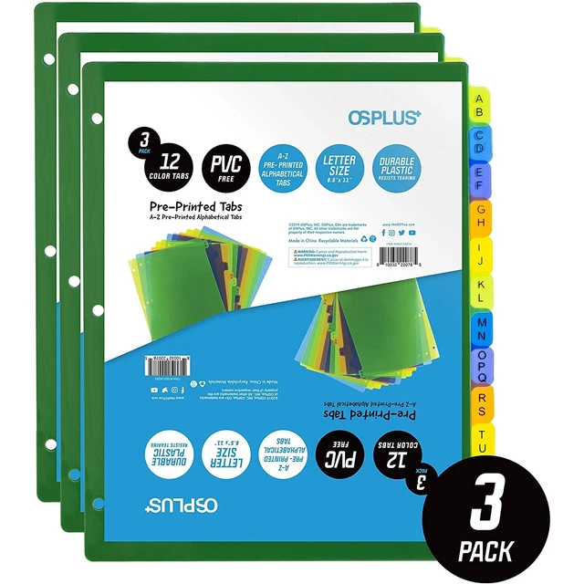 Alt view image 2 of 7 - OS Plus 12-Tab Pre-Printed Plastic Dividers, Assorted, (Alphabet A-Z), 3 Set