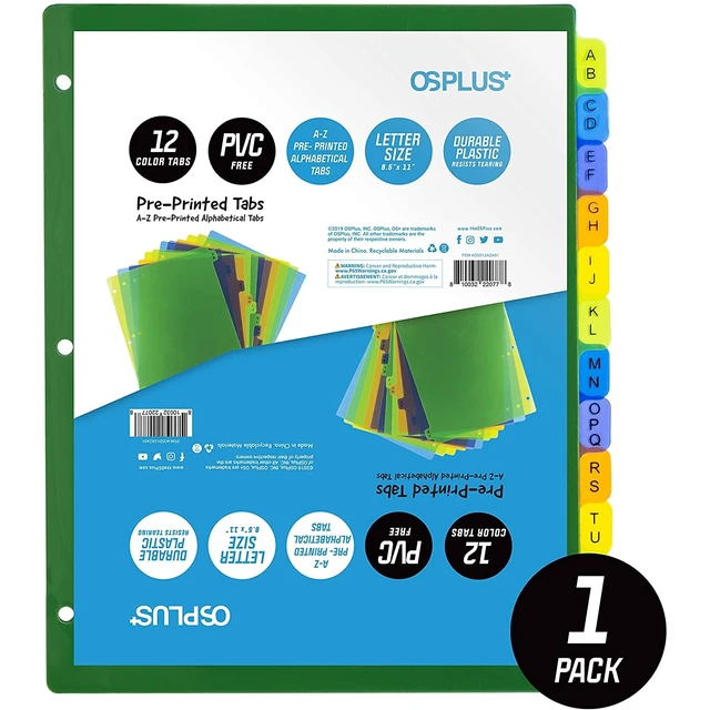 Alt view image 2 of 7 - OS Plus 12-Tab Pre-Printed Plastic Dividers, Assorted, (Alphabet A-Z), 1 Set