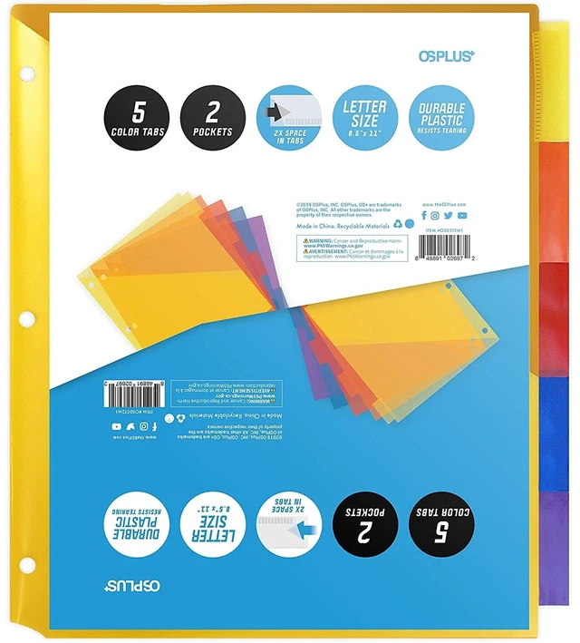 Main image of OS Plus 5-Tab Plastic Binder Dividers 2 Pockets Insertable Big Tabs 3-Ring New