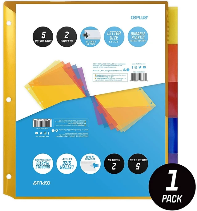Alt view image 2 of 7 - OS Plus 5-Tab Plastic Binder Dividers 2 Pockets Insertable Big Tabs 3-Ring New