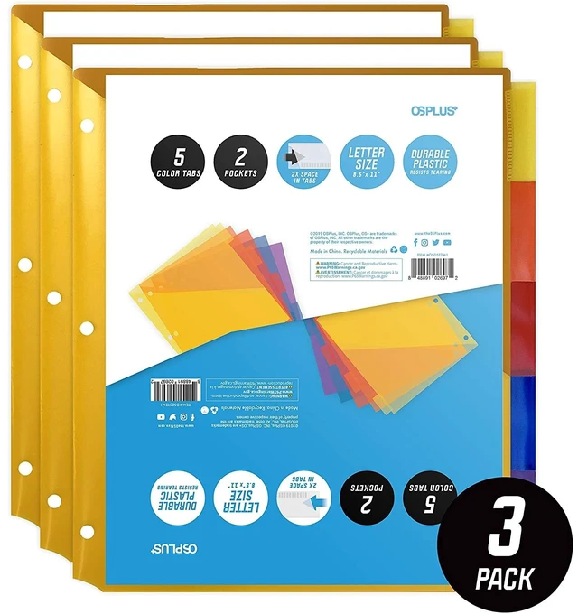 Alt view image 2 of 7 - OS Plus 5-Tab Plastic Binder Dividers 2 Pockets Insertable Big Tabs 3-Ring New