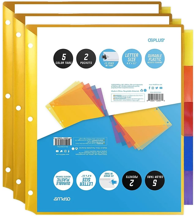 Main image of OS Plus 5-Tab Plastic Binder Dividers 2 Pockets Insertable Big Tabs 3-Ring New