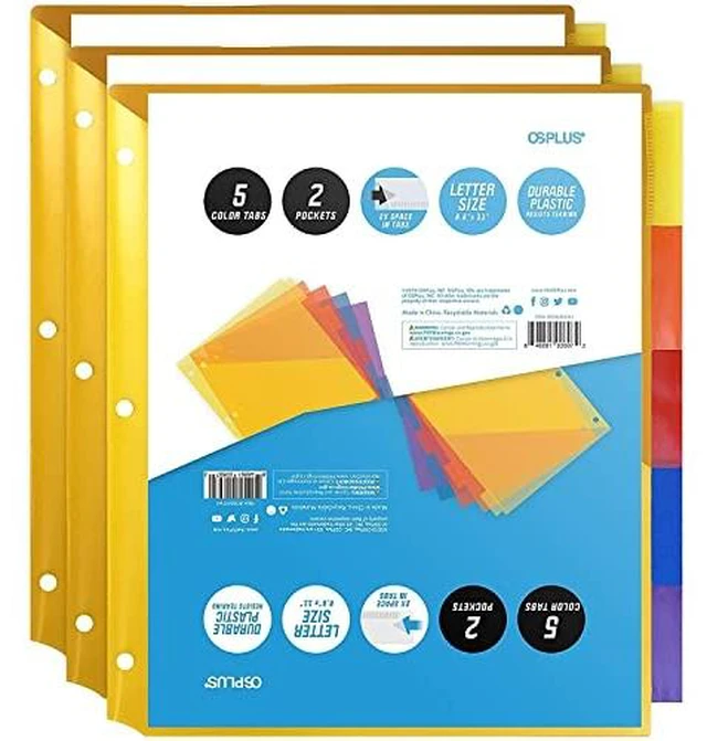 Alt view image 7 of 7 - OS Plus 5-Tab Plastic Binder Dividers 2 Pockets Insertable Big Tabs 3-Ring New