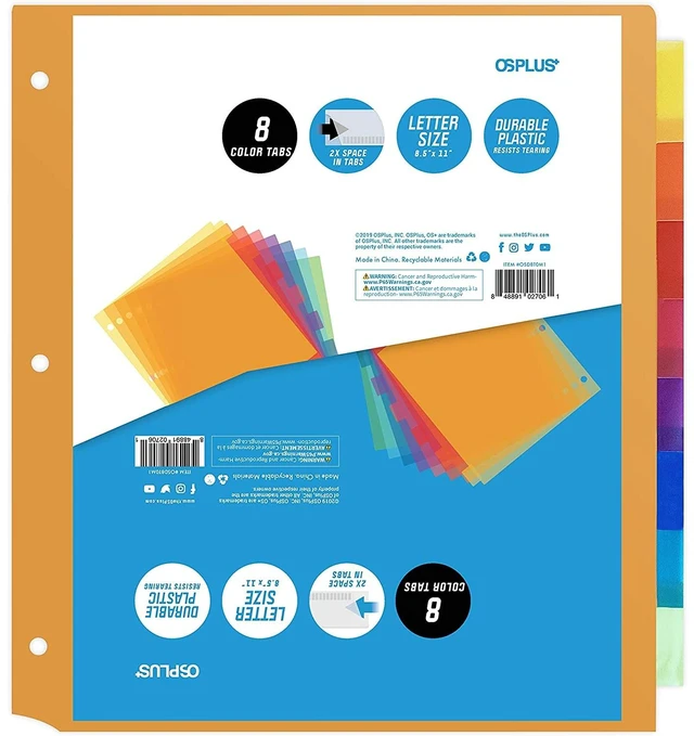 Main image of OS Plus 8-Tab 3 Ring Binder Dividers Durable Plastic 2x Space in Tabs Set - New