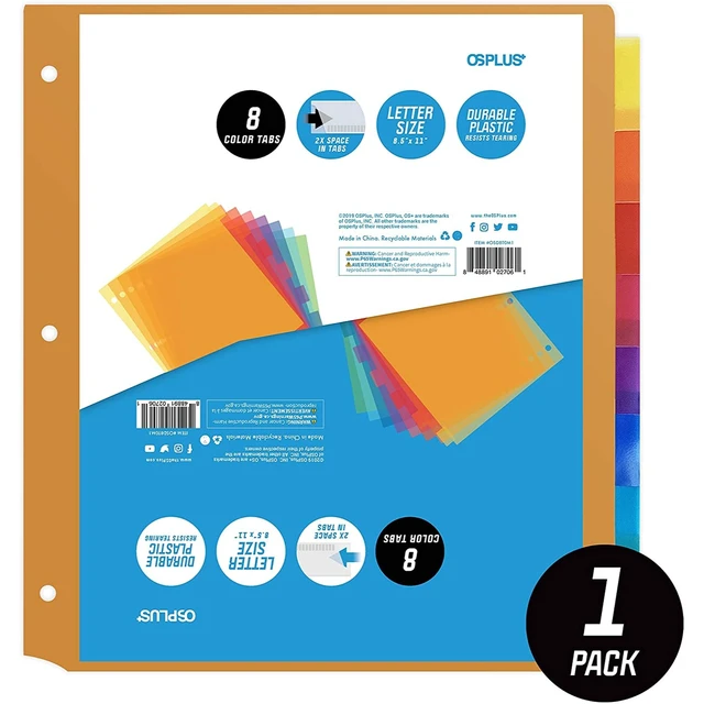 Alt view image 2 of 7 - OS Plus 8-Tab 3 Ring Binder Dividers Durable Plastic 2x Space in Tabs Set - New