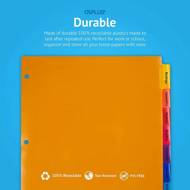 Alt view image 4 of 7 - OS Plus 8-Tab 3 Ring Binder Dividers Durable Plastic 2x Space in Tabs Set - New